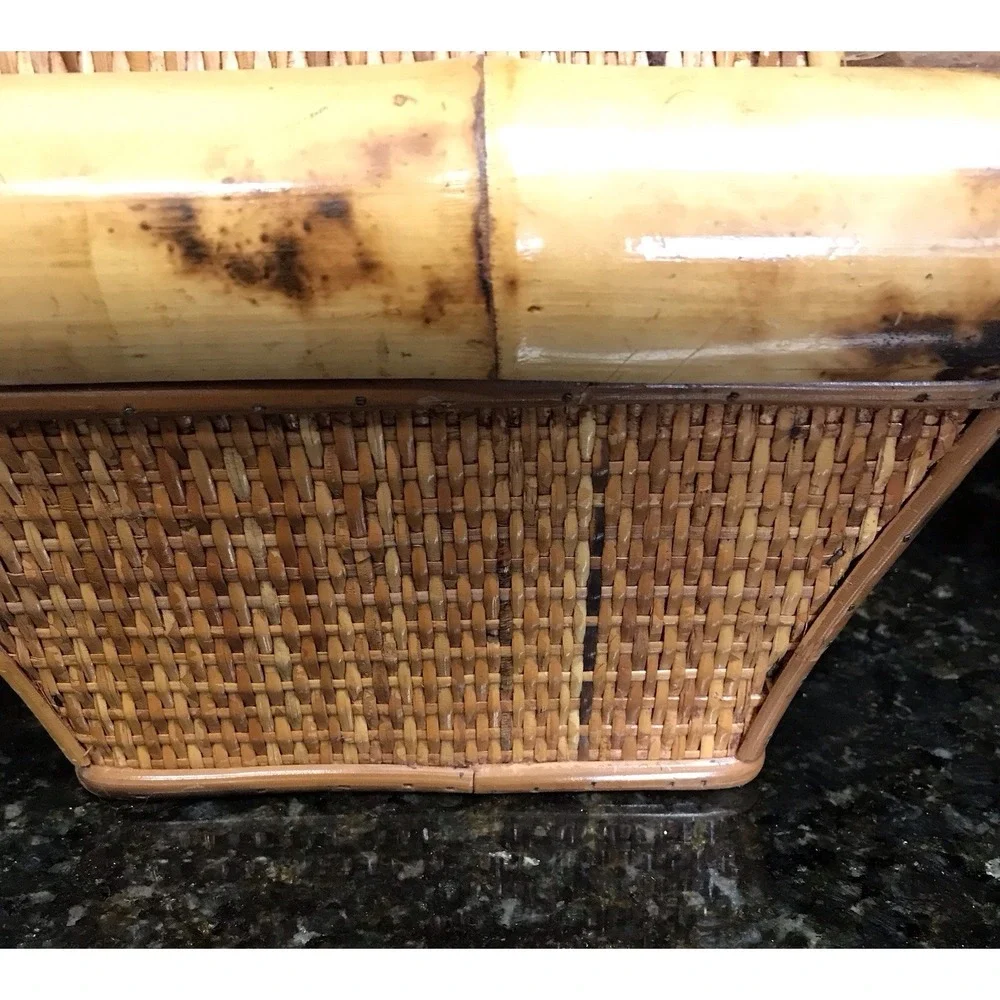 Vintage Wicker Rattan Scorched Bamboo Storage Box With Lid Planter